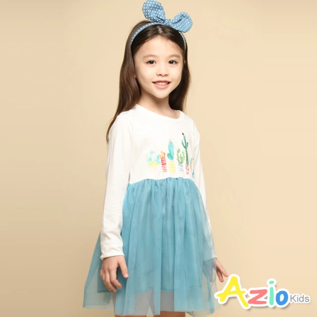 Azio Kids 美國派 女童 洋裝 仙人掌盆栽印花網紗長袖洋裝(藍)