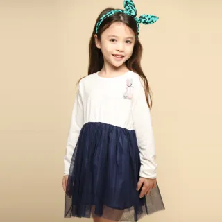 【Azio Kids 美國派】女童 洋裝 立體葉子小花吊飾網紗長袖洋裝(藍)