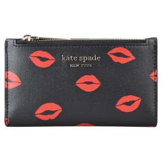 【KATE SPADE】Kate Spade SPENCER金字LOGO炙熱紅唇PVC 6卡拉鍊釦式零錢包(黑)