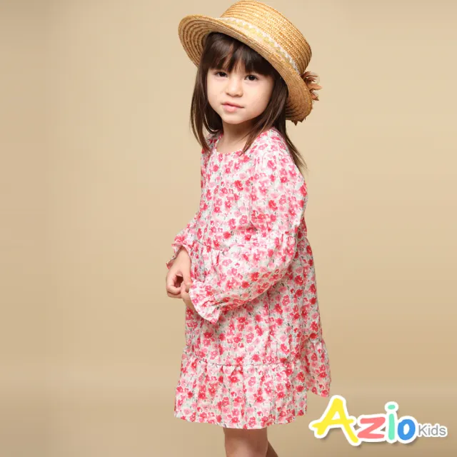 【Azio Kids 美國派】女童 洋裝 滿版玫瑰花草印花下擺接片波浪長袖洋裝(紅)