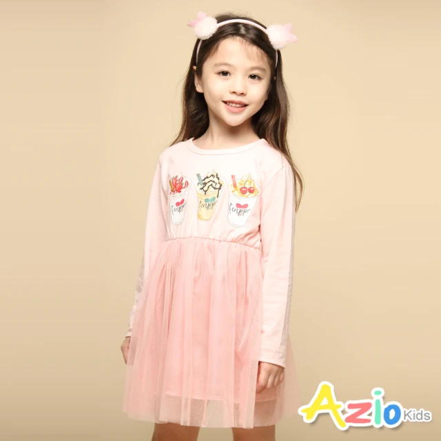 Azio Kids 美國派 女童 洋裝 水果冰沙印花網紗長袖洋裝(粉)