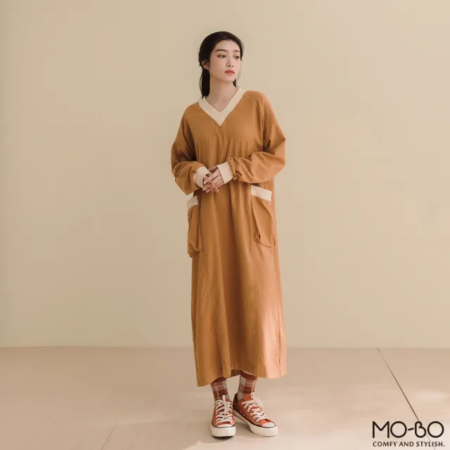 【MO-BO】餅乾口袋撞色磨毛洋裝(洋裝)