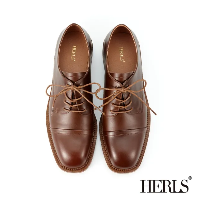 【HERLS】牛津鞋-全真皮橫飾方頭德比鞋牛津鞋(深棕色)