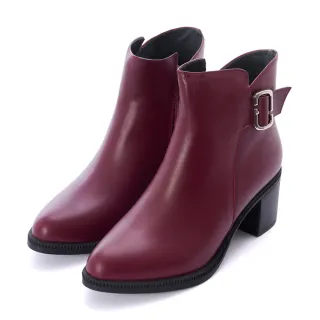 【DN】短靴_素面牛皮金屬扣環真皮粗跟短靴(酒紅)