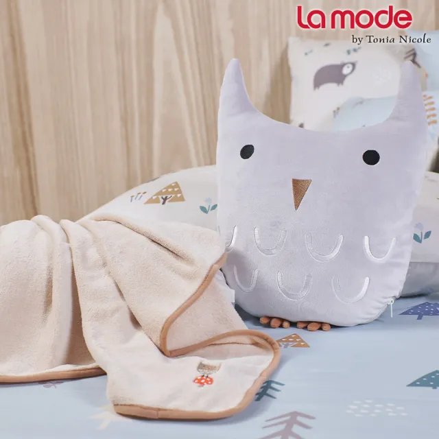 【La mode】活動品-環保印染100%精梳棉兩用被床包組-北歐夢奇地+咕咕博士兩用抱枕毯(單人)