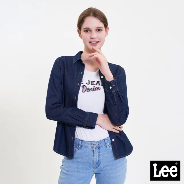 【Lee 官方旗艦】女裝 牛仔長袖襯衫 / 經典刺繡小LOGO 深藍洗水 標準版型(LL220373898)