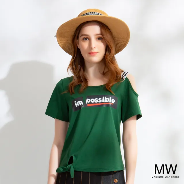 【MAGIQUE WARDROBE】斜肩織帶印花短袖上衣(2色)