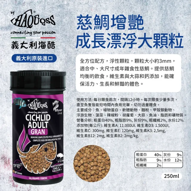 【HAQUOSS 義大利海酷】慈鯛增艷成長漂浮大顆粒 250ml(適用中大型雜食性慈鯛 魚飼料)
