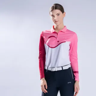 【PING】女款曲線印花剪接薄長袖POLO衫-紅(吸濕排汗/抗UV/GOLF/高爾夫球衫/RA22208-17)