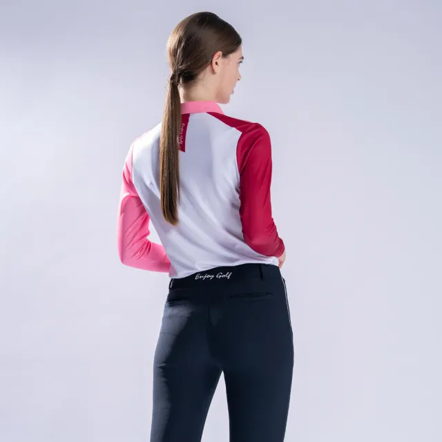 【PING】女款曲線印花剪接薄長袖POLO衫-紅(吸濕排汗/抗UV/GOLF/高爾夫球衫/RA22208-17)