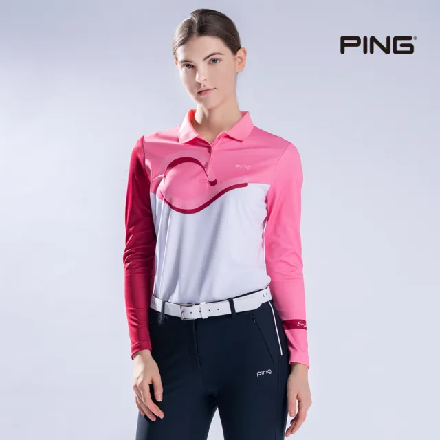 【PING】女款曲線印花剪接薄長袖POLO衫-紅(吸濕排汗/抗UV/GOLF/高爾夫球衫/RA22208-17)