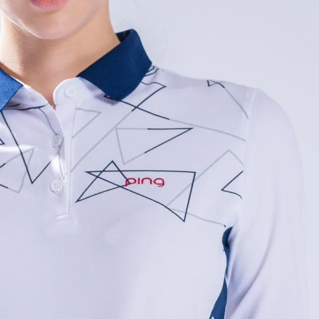 【PING】女款科技線條印花薄長袖POLO衫-白(吸濕排汗/抗UV/GOLF/高爾夫球衫/RA22209-87)