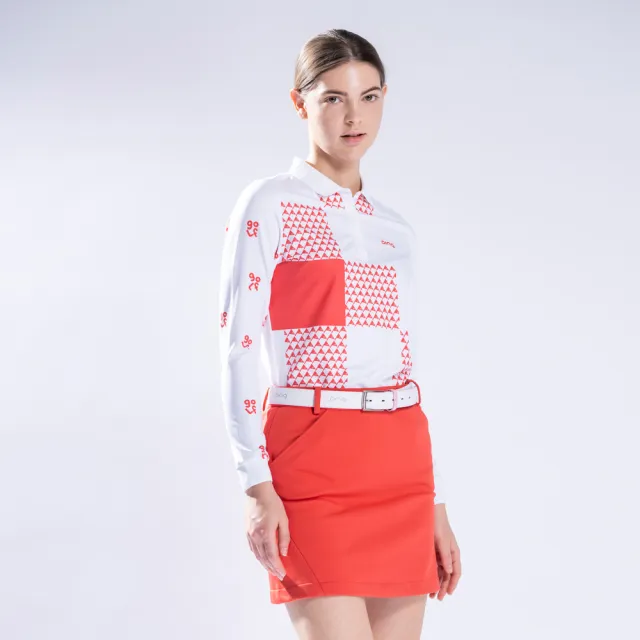 【PING】女款旗幟格紋薄長袖POLO衫-橘(吸濕排汗/蓄熱保溫/GOLF/高爾夫球衫/RA22206-28)