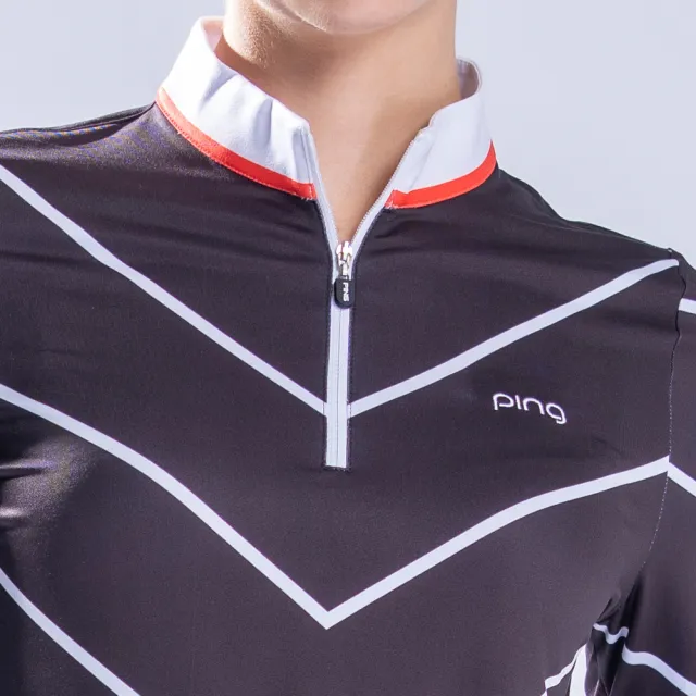 【PING】女款V循環條立領長袖POLO衫-黑(吸濕排汗/蓄熱保溫/GOLF/高爾夫球衫/RA22211-88)