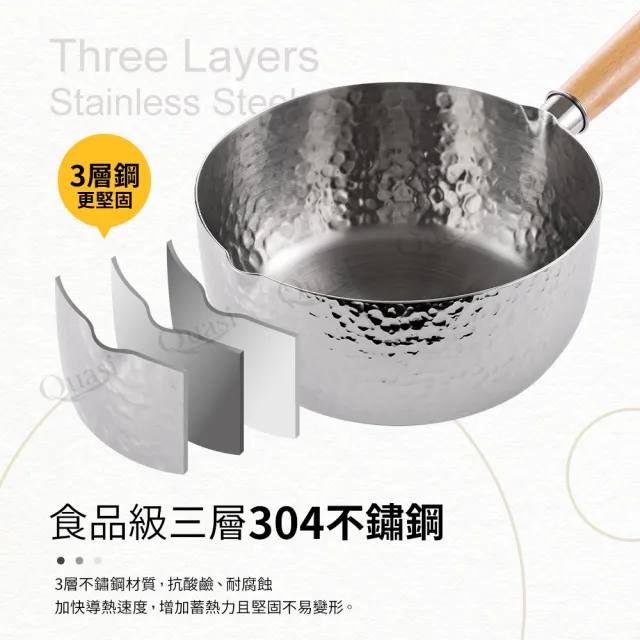 【Quasi】304不鏽鋼雲錘紋木柄湯鍋附玻璃蓋_20cm(雪平鍋)