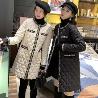 【Amay Style 艾美時尚】中大尺碼女裝 小香風外套 大衣 名媛風菱格中長休閒外套。S-3XL(現貨+預購)