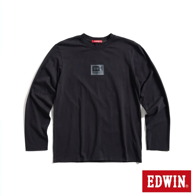 【EDWIN】男裝 人氣復刻款 仿皮牌LOGO長袖T恤(黑色)