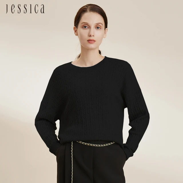 【JESSICA】柔軟羊絨羊毛圓領落肩針織羊毛衫224353（黑）
