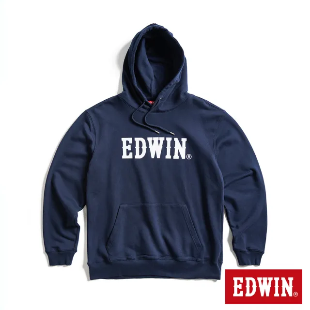 【EDWIN】男女裝 人氣復刻款 基本LOGO連帽長袖T恤(丈青色)