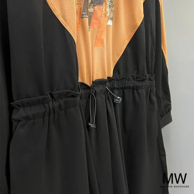 【MAGIQUE WARDROBE】羅馬布拼接印花繫帶澎袖洋裝(2色)