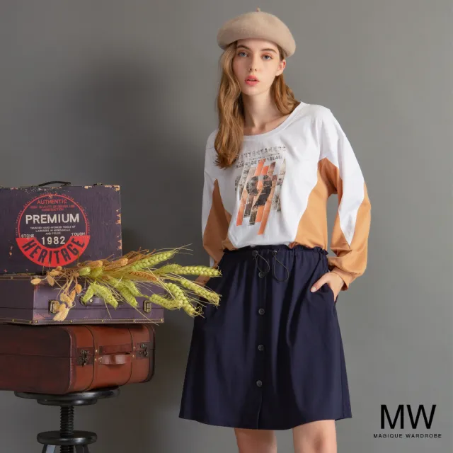 【MAGIQUE WARDROBE】羅馬布拼接印花繫帶澎袖洋裝(2色)