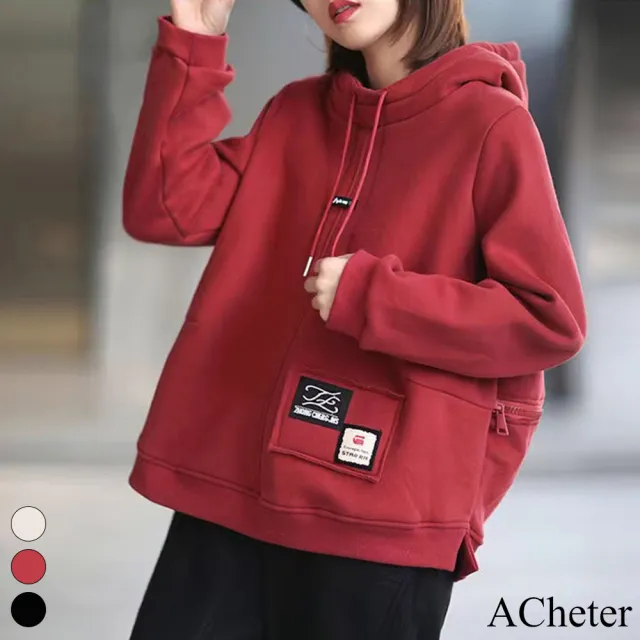 【ACheter】加絨加厚連帽T長袖寬鬆保暖短版上衣#115061(3色)