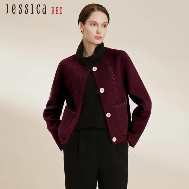 【Jessica Red】百搭簡約口袋圓領短版羊毛外套824609（酒紅）