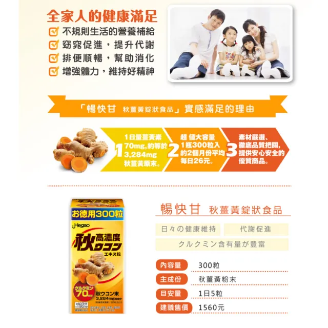 【Hegao 漢科】暢快甘秋薑黃錠狀食品 300粒/盒