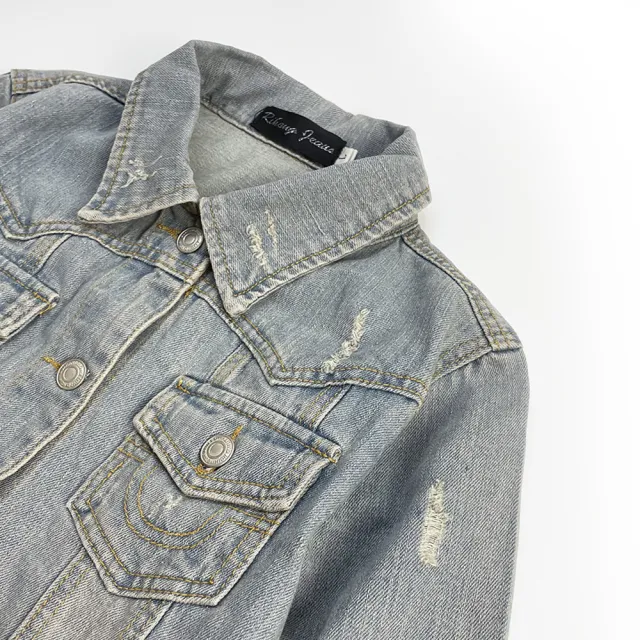 【RH】仿舊短版七分單寧牛仔外套(手工抓鬚剪裁設計L-XL)