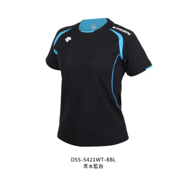 【DESCENTE】女短袖T恤-運動 慢跑 路跑 上衣 訓練 迪桑特 黑水藍白(DSS-5421WT-BBL)
