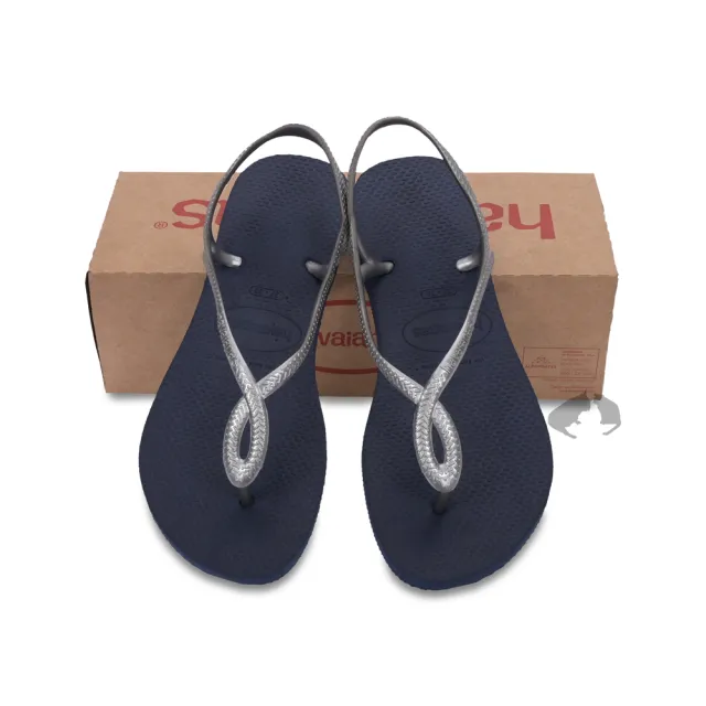 【havaianas 哈瓦仕】女款 涼鞋Luna 麻花系列 藍底銀帶 休閒百搭 平底涼鞋(夾腳拖 人字拖 巴西拖)