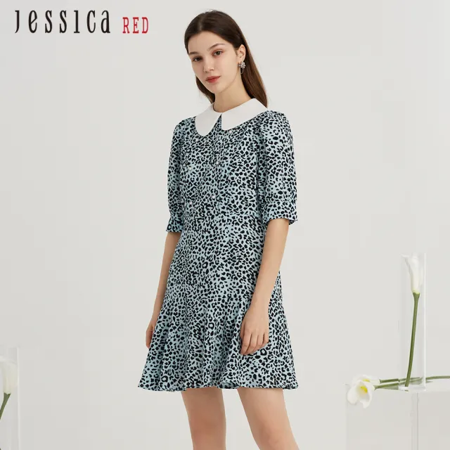 【Jessica Red】修身顯瘦豹紋襯衫領短袖洋裝82417L