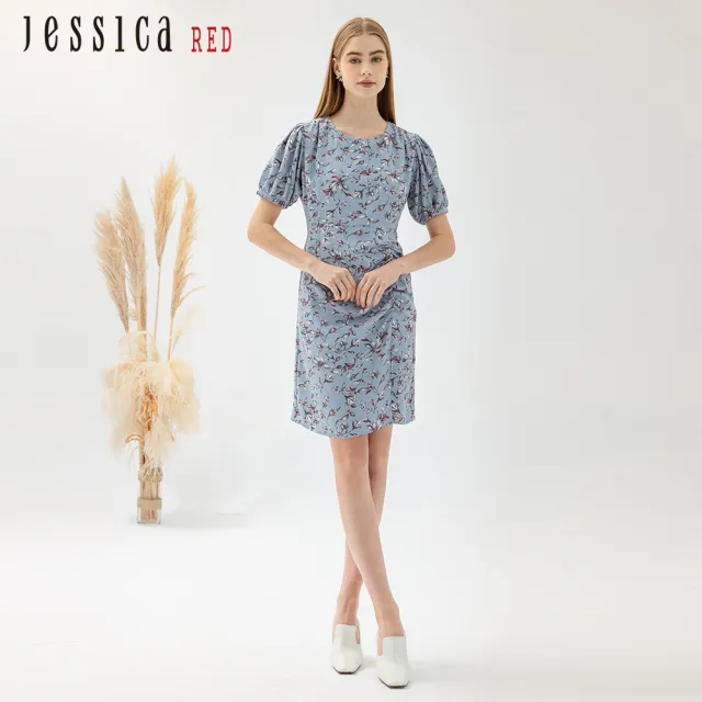 【Jessica Red】修身浪漫印花褶皺開叉短袖雪紡洋裝824171