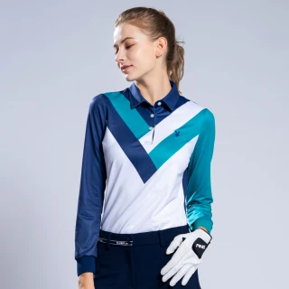 【PLAYBOY GOLF】女款V型配色薄長袖POLO衫-深藍(吸濕排汗/抗UV/高爾夫球衫/KA22201-58)