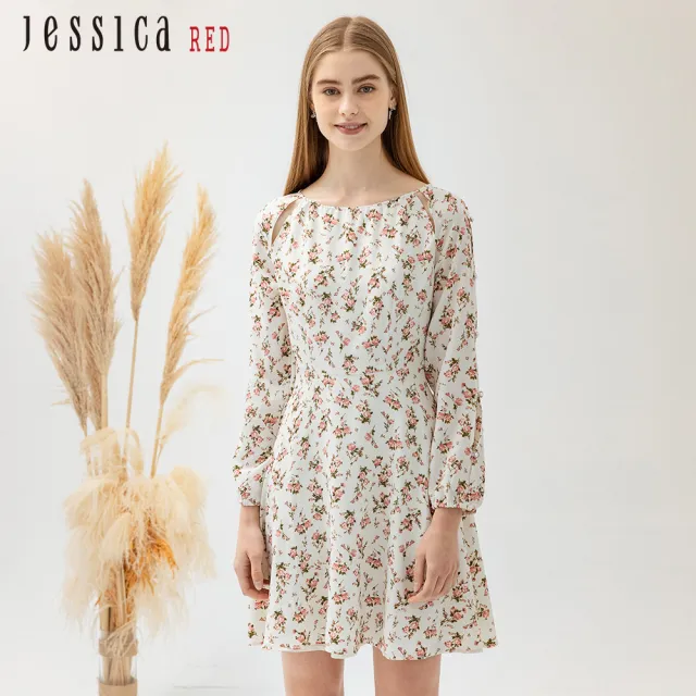 【Jessica Red】浪漫清新小碎花修身長袖雪紡洋裝824172