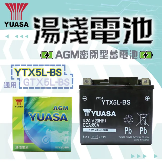 【湯淺】YTX5L-BS AGM密閉型機車電池5號(同 GS統力 GTX5L-BS)