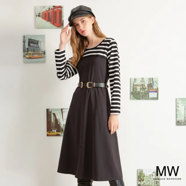 【MAGIQUE WARDROBE】圓領拼接條紋綁帶洋裝(黑白條紋)