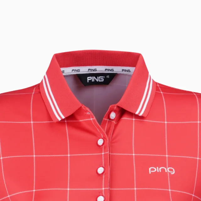 【PING】女款格紋短袖 POLO衫-紅(吸濕排汗/抗UV/GOLF/高爾夫球衫/RA21109-18)