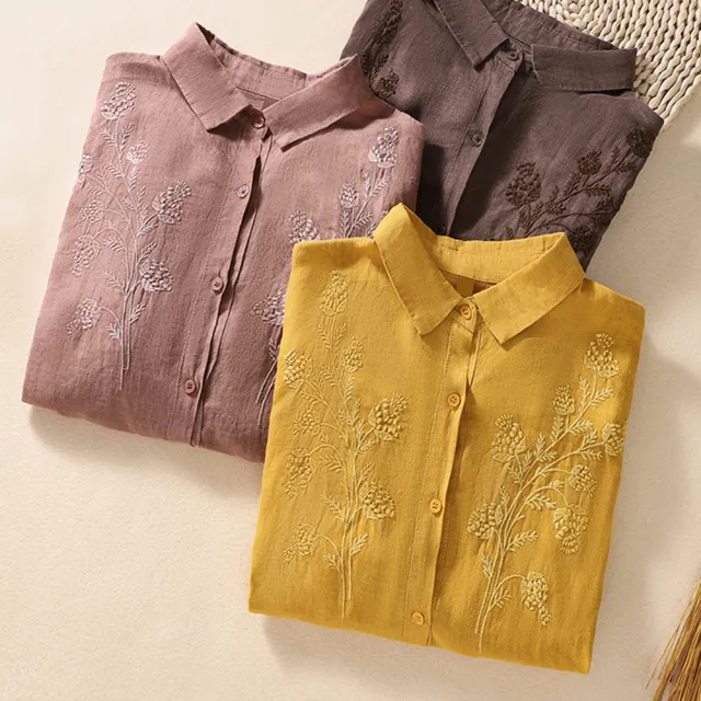 【ACheter】棉麻刺繡翻領長袖寬鬆休閒短版襯衫上衣#113535現貨+預購(3色)