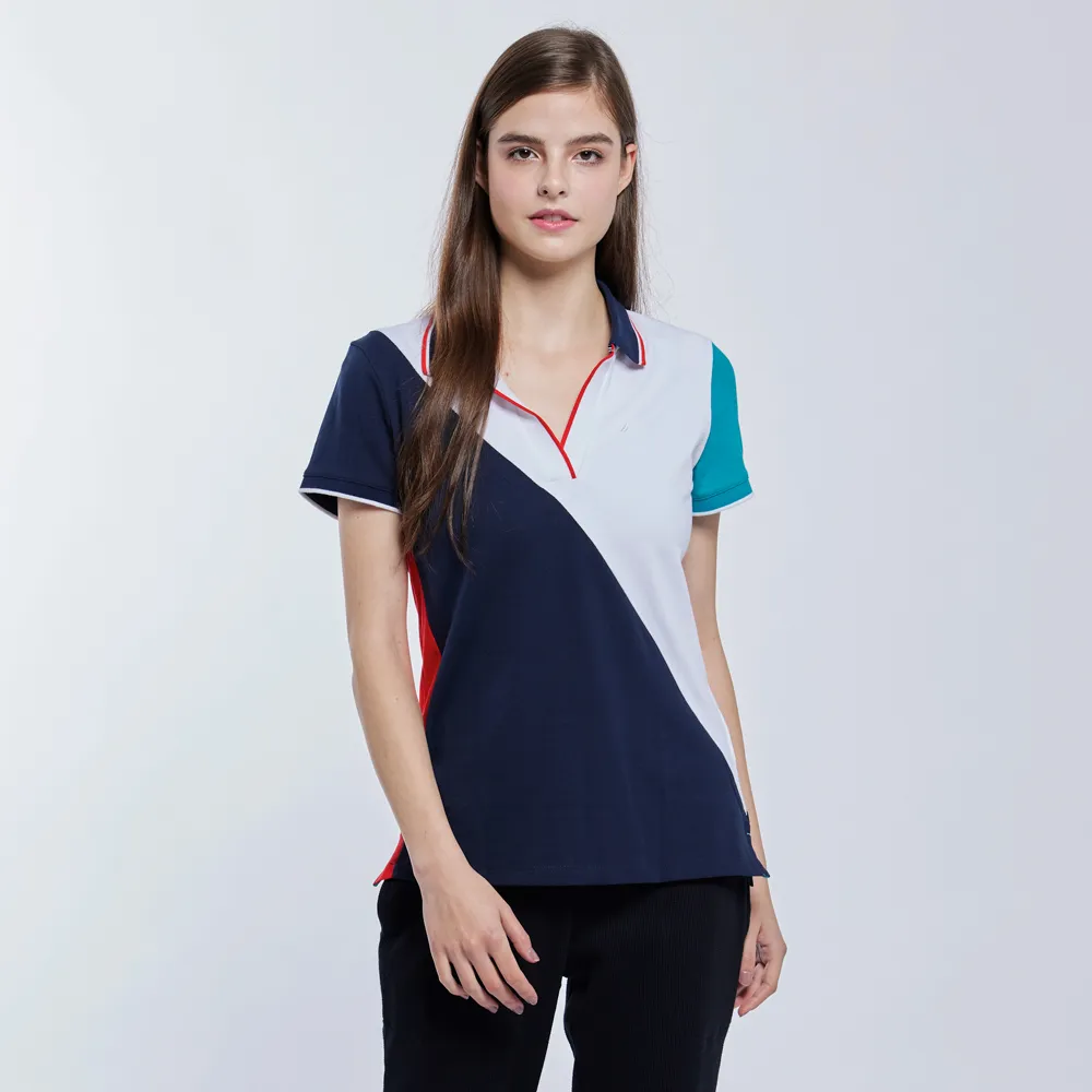 【NAUTICA】女裝 拼接造型彈性休閒短袖POLO衫(藍色)