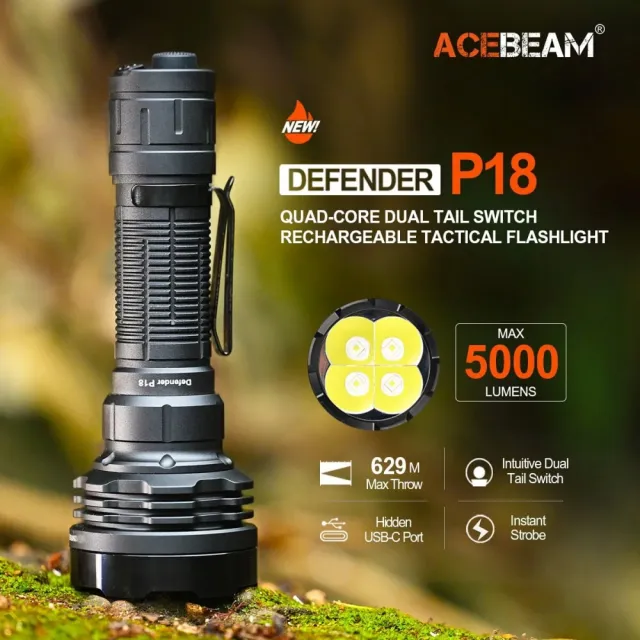 【ACEBEAM】錸特光電 P18 5000流明 四核燈珠(629米 超遠射 戰術手電筒 4x SFT40 LED USB-C充電)