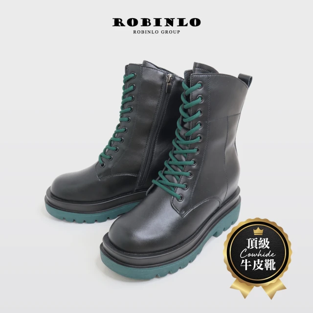 【Robinlo】獨特焦點撞色真皮綁帶中筒靴馬汀靴短靴機車靴FARON(極簡黑)