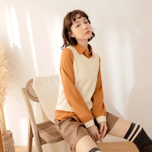 【OB 嚴選】小V臉玩轉百tee假兩件磨毛翻領上衣 《AB17878》