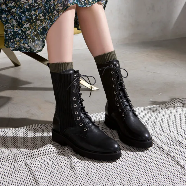 【FAIR LADY】小時光 綁帶造型織布鬆糕底中筒軍靴(黑 、7A2549)
