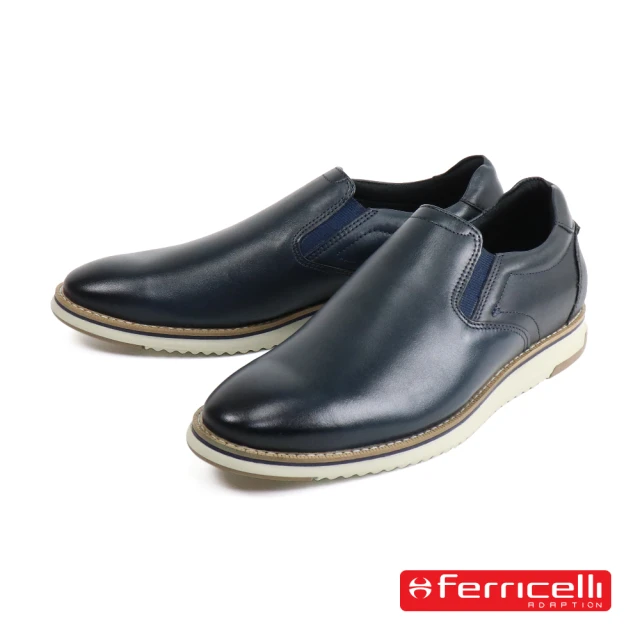 【Ferricelli】真皮素面健走懶人休閒鞋 海軍藍(F54665-BLU)