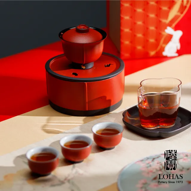 【LohasPottery 陸寶】福照萬家蓋碗茶組 富貴紅(東方大氣之美 年節送禮首選 禮盒組 茶具/禮品/禮物)