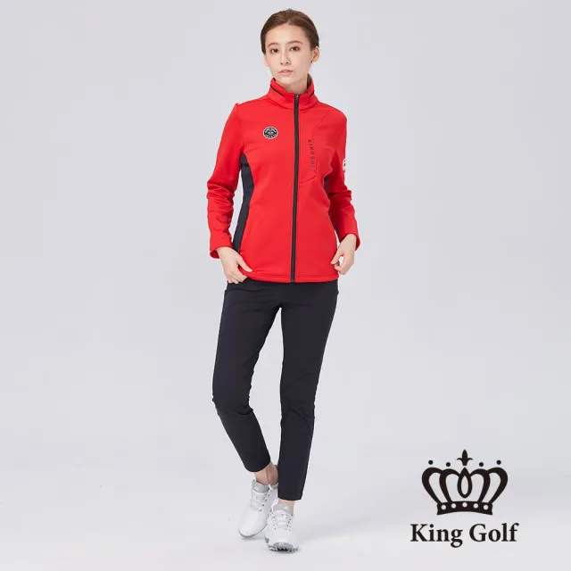 【KING GOLF】速達-女款盾牌刺繡LOGO燙印立領拉鍊厚刷毛夾克外套(橘紅)