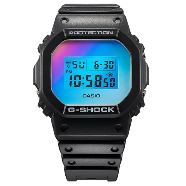 【CASIO 卡西歐】G-SHOCK 方形 彩虹炫光 200米防水 運動電子錶 DW-5600SR-1 黑/炫彩