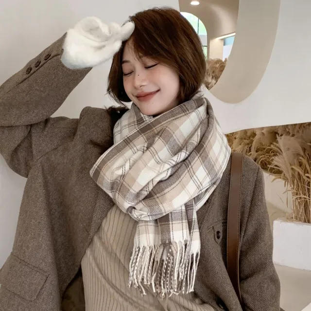 【Emi 艾迷】經典格紋優雅千鳥紋 保暖仿羊絨圍巾