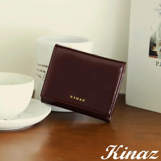 【KINAZ】牛皮拉鍊零錢袋三折方塊短夾-熱紅酒-馬賽克系列